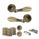 Old English Cambridge Door Handle Pack (Bathroom Set - 2.5" CE Bathroom Lock, 4" Fire Rated Hinges x3) - Matt Antique Brass