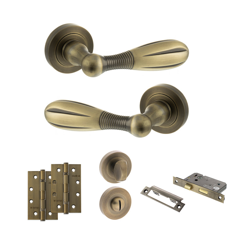 Old English Cambridge Door Handle Pack (Bathroom Set - 3" CE Bathroom Lock, 4" Slim Knuckle Hinges x2) - Matt Antique Brass