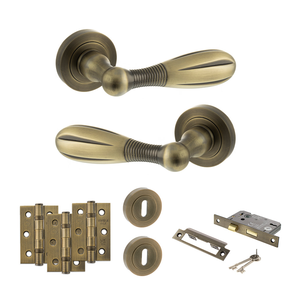 Old English Cambridge Door Handle Pack (3 Lever Lock Set - 3" CE Sashlock, 3" Fire Rated Hinges x3) - Matt Antique Brass