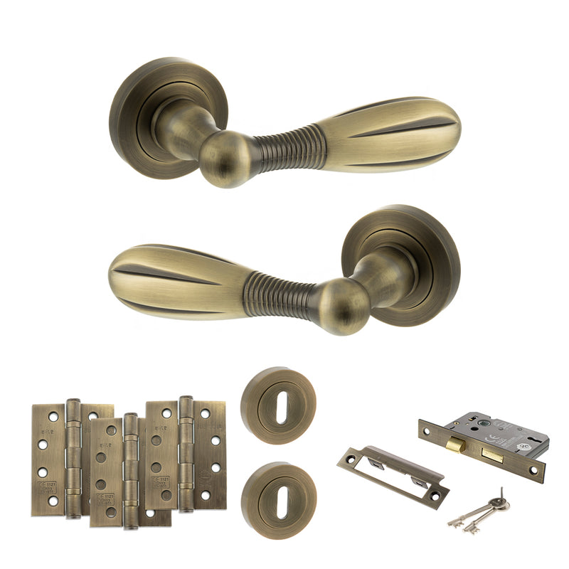 Old English Cambridge Door Handle Pack (3 Lever Lock Set - 3" CE Sashlock, 4" Fire Rated Hinges x3) - Matt Antique Brass