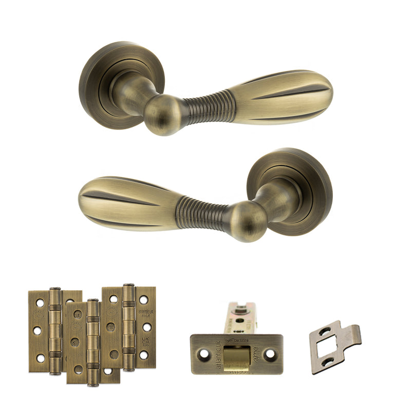 Old English Cambridge Door Handle Pack (Latch Set - 2.5" CE Latch, 3" Fire Rated Hinges x3) - Matt Antique Brass