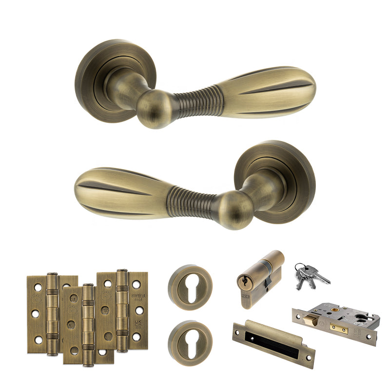 Old English Cambridge Door Handle Pack (Euro Lock Set - 2.5" CE Sashlock, 3" Fire Rated Hinges x3) - Matt Antique Brass