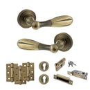 Old English Cambridge Door Handle Pack (Euro Lock Set - 3" CE Sashlock, 3" Fire Rated Hinges x3) - Matt Antique Brass