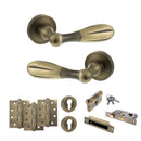 Old English Cambridge Door Handle Pack (Euro Lock Set - 3" CE Sashlock, 4" Fire Rated Hinges x3) - Matt Antique Brass