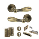 Old English Cambridge Door Handle Pack (Euro Lock Set - 2.5" CE Sashlock, 4" Slim Knuckle Hinges x2) - Matt Antique Brass