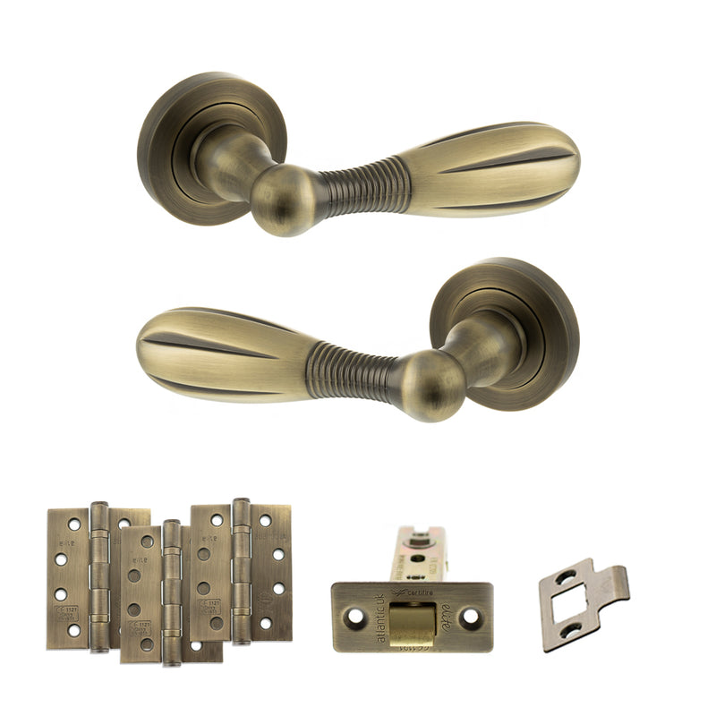 Old English Cambridge Door Handle Pack (Latch Set - 2.5" CE Latch, 4" Fire Rated Hinges x3) - Matt Antique Brass