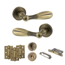 Old English Cambridge Door Handle Pack (Bathroom Set - 3" CE Bathroom Lock, 3" Fire Rated Hinges x3) - Matt Antique Brass