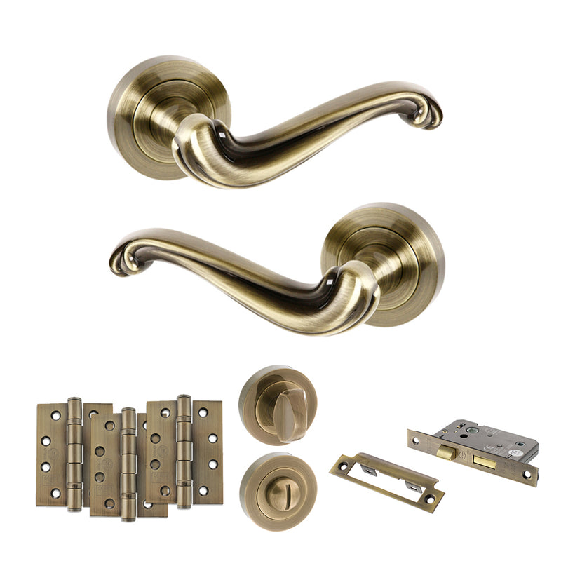 Old English Colchester Door Handle Pack (Bathroom Set - 2.5" CE Bathroom Lock, 4" Fire Rated Hinges x3) - Antique Brass
