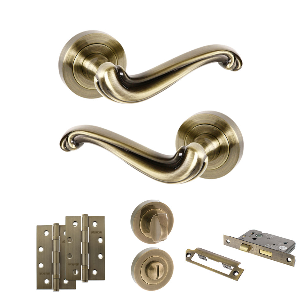 Old English Colchester Door Handle Pack (Bathroom Set - 2.5" CE Bathroom Lock, 4" Slim Knuckle Hinges x2) - Antique Brass