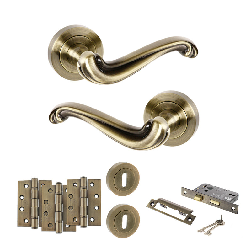 Old English Colchester Door Handle Pack (3 Lever Lock Set - 3" CE Sashlock, 4" Fire Rated Hinges x3) - Antique Brass
