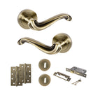 Old English Colchester Door Handle Pack (3 Lever Lock Set - 2.5" CE Sashlock, 4" Slim Knuckle Hinges x2) - Antique Brass