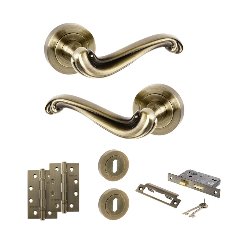 Old English Colchester Door Handle Pack (3 Lever Lock Set - 3" CE Sashlock, 4" Slim Knuckle Hinges x2) - Antique Brass