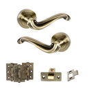 Old English Colchester Door Handle Pack (Latch Set - 2.5" CE Latch, 3" Fire Rated Hinges x3) - Antique Brass