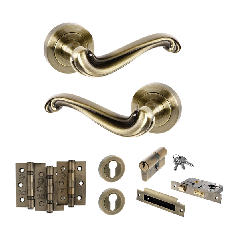 Old English Colchester Door Handle Pack (Euro Lock Set - 2.5" CE Sashlock, 3" Fire Rated Hinges x3) - Antique Brass