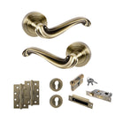 Old English Colchester Door Handle Pack (Euro Lock Set - 2.5" CE Sashlock, 4" Slim Knuckle Hinges x2) - Antique Brass