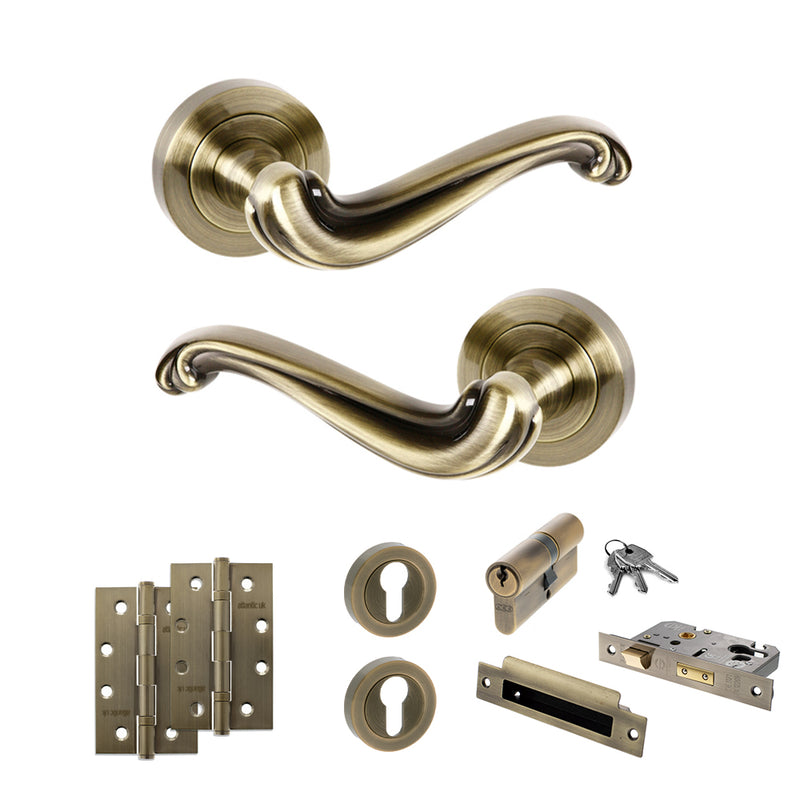 Old English Colchester Door Handle Pack (Euro Lock Set - 3" CE Sashlock, 4" Slim Knuckle Hinges x2) - Antique Brass