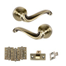 Old English Colchester Door Handle Pack (Latch Set - 2.5" CE Latch, 4" Fire Rated Hinges x3) - Antique Brass