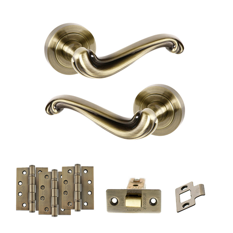 Old English Colchester Door Handle Pack (Latch Set - 3" CE Latch, 4" Fire Rated Hinges x3) - Antique Brass
