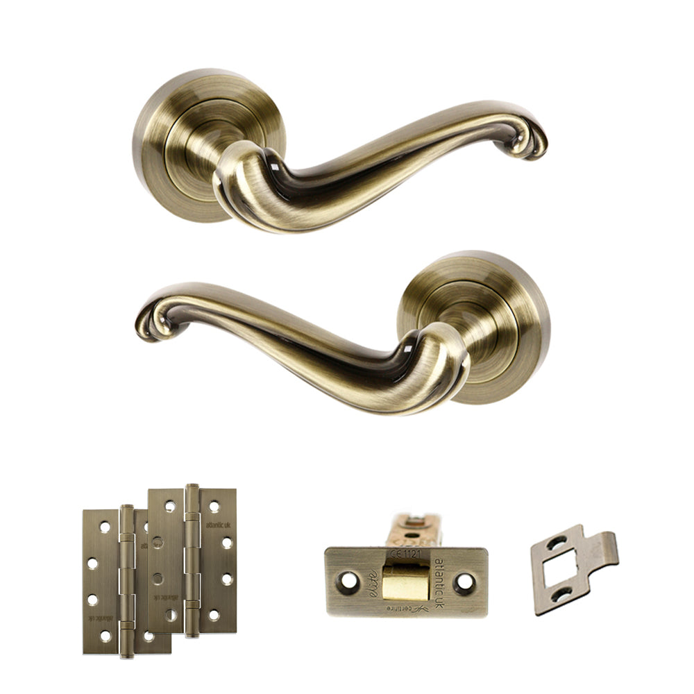 Old English Colchester Door Handle Pack (Latch Set - 2.5" CE Latch, 4" Slim Knuckle Hinges x2) - Antique Brass