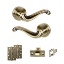Old English Colchester Door Handle Pack (Latch Set - 3" CE Latch, 4" Slim Knuckle Hinges x2) - Antique Brass