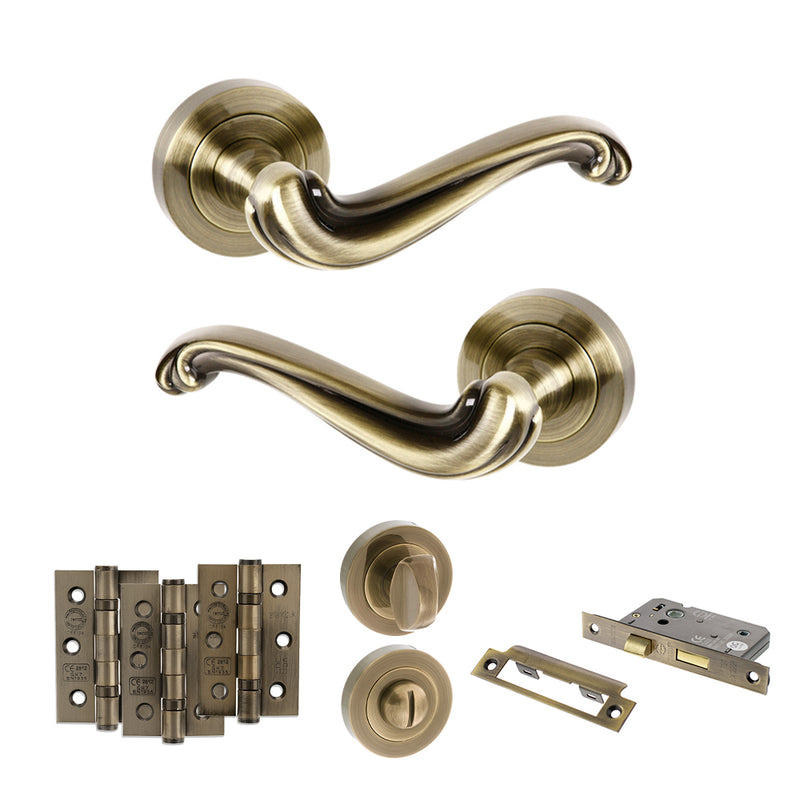 Old English Colchester Door Handle Pack (Bathroom Set - 2.5" CE Bathroom Lock, 3" Fire Rated Hinges x3) - Antique Brass
