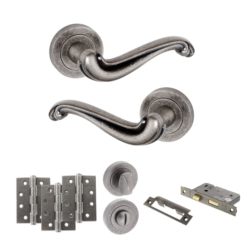 Old English Colchester Door Handle Pack (Bathroom Set - 2.5" CE Bathroom Lock, 4" Fire Rated Hinges x3) - Distressed Silver