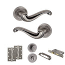Old English Colchester Door Handle Pack (Bathroom Set - 2.5" CE Bathroom Lock, 4" Slim Knuckle Hinges x2) - Distressed Silver