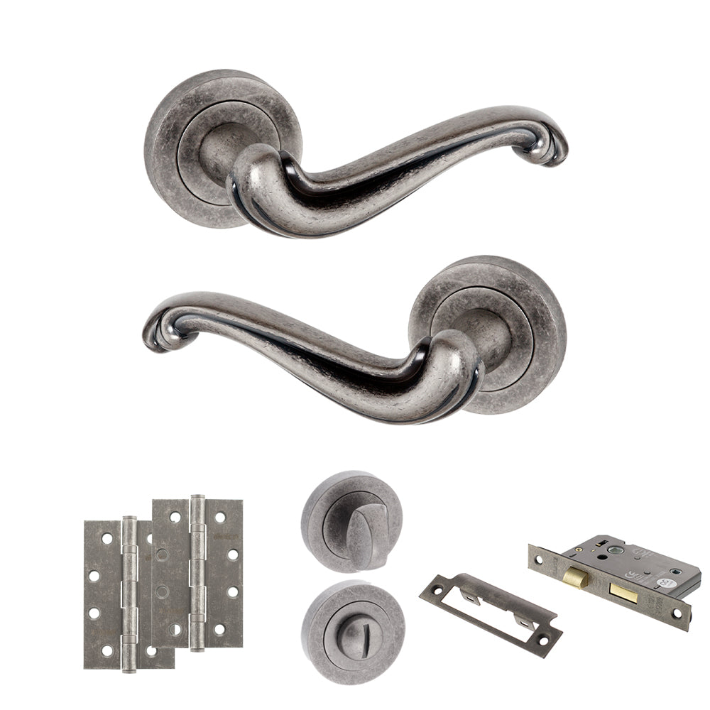 Old English Colchester Door Handle Pack (Bathroom Set - 3" CE Bathroom Lock, 4" Slim Knuckle Hinges x2) - Distressed Silver