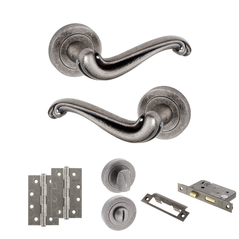 Old English Colchester Door Handle Pack (Bathroom Set - 3" CE Bathroom Lock, 4" Slim Knuckle Hinges x2) - Distressed Silver