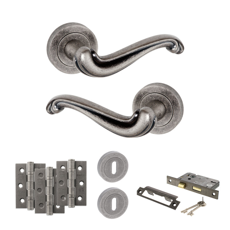 Old English Colchester Door Handle Pack (3 Lever Lock Set - 3" CE Sashlock, 3" Fire Rated Hinges x3) - Distressed Silver