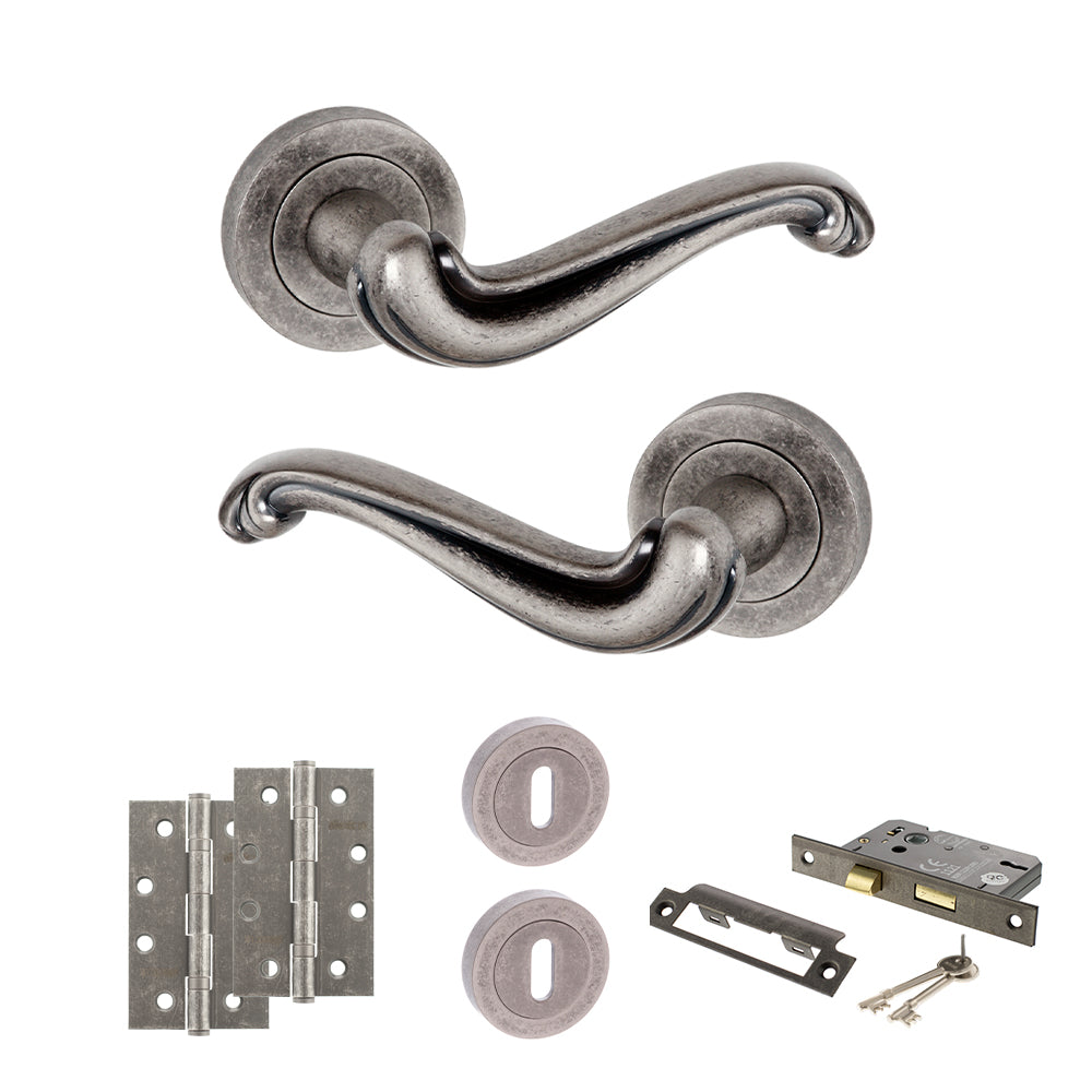 Old English Colchester Door Handle Pack (3 Lever Lock Set - 3" CE Sashlock, 4" Slim Knuckle Hinges x2) - Distressed Silver