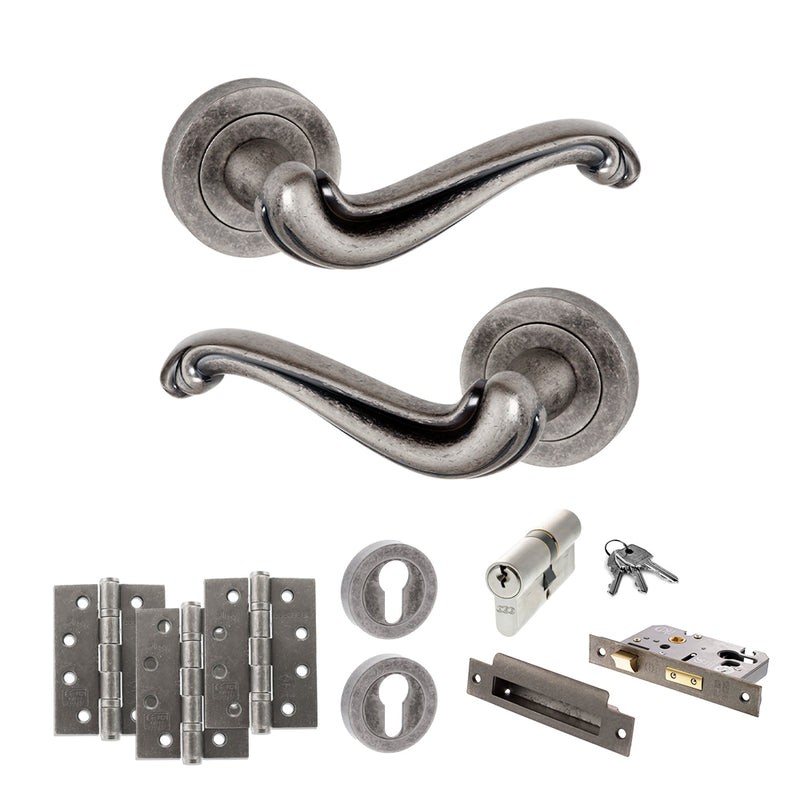 Old English Colchester Door Handle Pack (Euro Lock Set - 3" CE Sashlock, 4" Fire Rated Hinges x3) - Distressed Silver