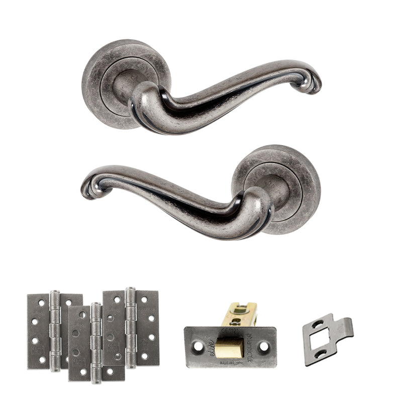 Old English Colchester Door Handle Pack (Latch Set - 2.5" CE Latch, 4" Fire Rated Hinges x3) - Distressed Silver