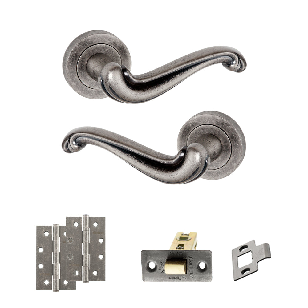 Old English Colchester Door Handle Pack (Latch Set - 3" CE Latch, 4" Slim Knuckle Hinges x2) - Distressed Silver