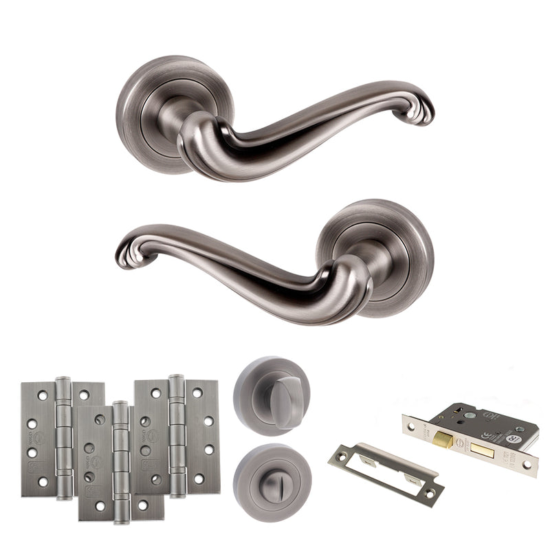 Old English Colchester Door Handle Pack (Bathroom Set - 3" CE Bathroom Lock, 4" Fire Rated Hinges x3) - Matt Gun Metal