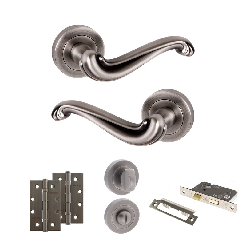 Old English Colchester Door Handle Pack (Bathroom Set - 3" CE Bathroom Lock, 4" Slim Knuckle Hinges x2) - Matt Gun Metal