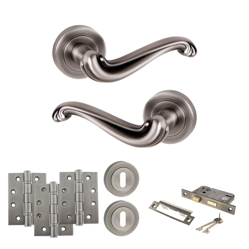 Old English Colchester Door Handle Pack (3 Lever Lock Set - 3" CE Sashlock, 4" Fire Rated Hinges x3) - Matt Gun Metal