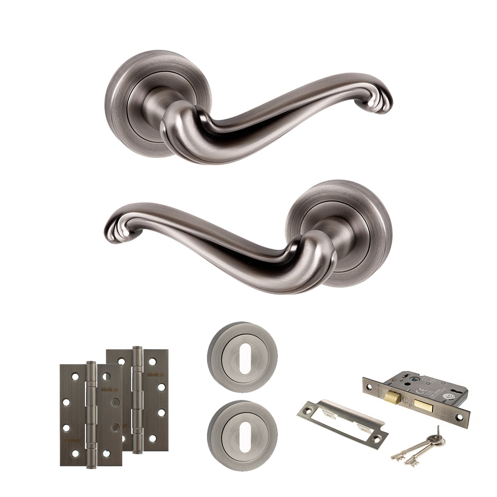 Old English Colchester Door Handle Pack (3 Lever Lock Set - 3" CE Sashlock, 4" Slim Knuckle Hinges x2) - Matt Gun Metal
