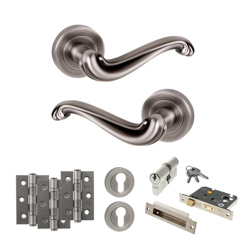 Old English Colchester Door Handle Pack (Euro Lock Set - 3" CE Sashlock, 3" Fire Rated Hinges x3) - Matt Gun Metal
