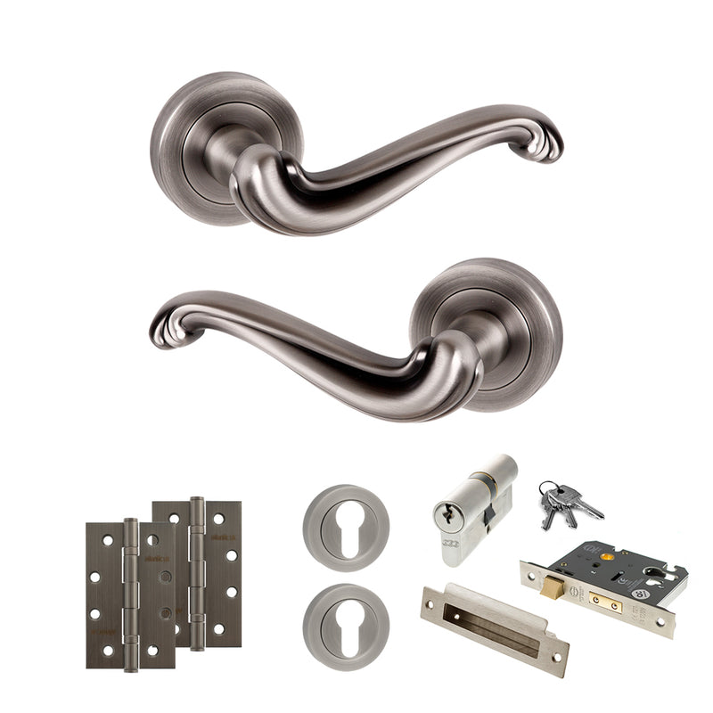 Old English Colchester Door Handle Pack (Euro Lock Set - 2.5" CE Sashlock, 4" Slim Knuckle Hinges x2) - Matt Gun Metal