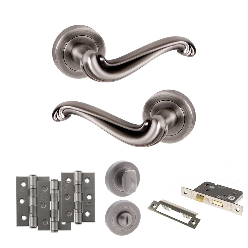 Old English Colchester Door Handle Pack (Bathroom Set - 3" CE Bathroom Lock, 3" Fire Rated Hinges x3) - Matt Gun Metal