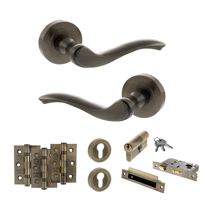 Old English Warwick Door Handle Pack (Euro Lock Set - 2.5" CE Sashlock, 3" Fire Rated Hinges x3) - Antique Brass