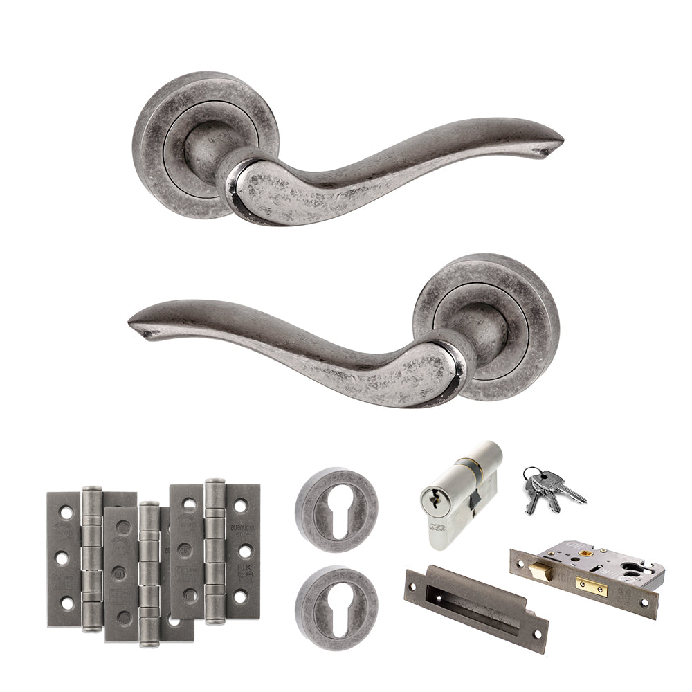 Old English Warwick Door Handle Pack (Euro Lock Set - 2.5" CE Sashlock, 3" Fire Rated Hinges x3) - Distressed Silver
