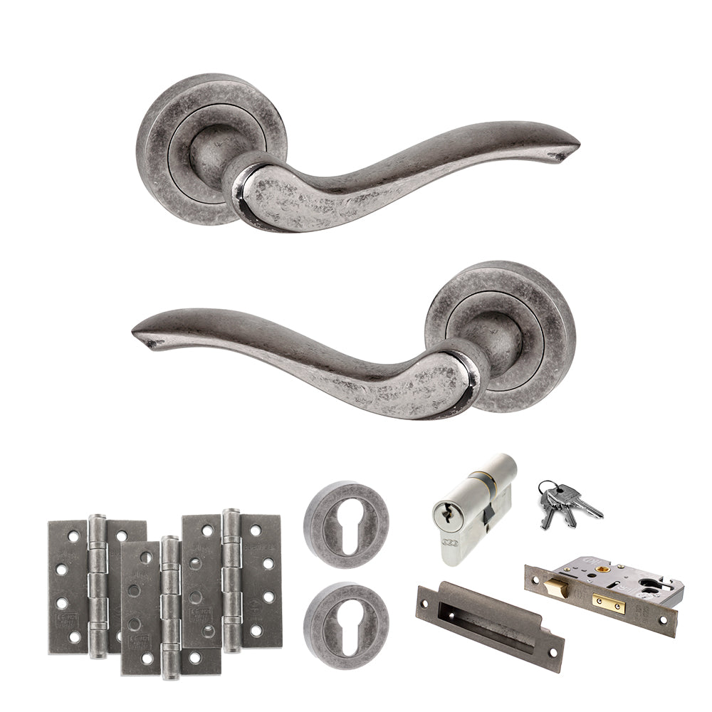 Old English Warwick Door Handle Pack (Euro Lock Set - 2.5" CE Sashlock, 4" Fire Rated Hinges x3) - Distressed Silver