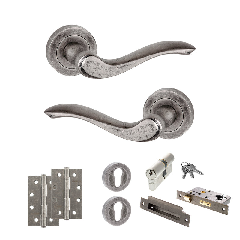 Old English Warwick Door Handle Pack (Euro Lock Set - 2.5" CE Sashlock, 4" Slim Knuckle Hinges x2) - Distressed Silver