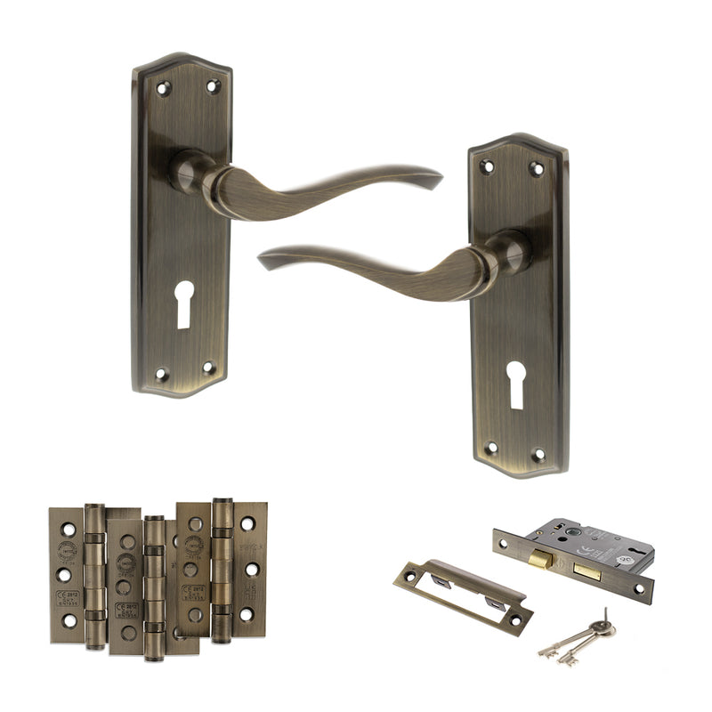 Old English Warwick Door Handle Pack (3 Lever Lock Set - 2.5" CE Sashlock, 3" Fire Rated Hinges x3) - Antique Brass