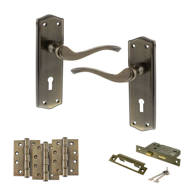 Old English Warwick Door Handle Pack (3 Lever Lock Set - 3" CE Sashlock, 4" Fire Rated Hinges x3) - Antique Brass