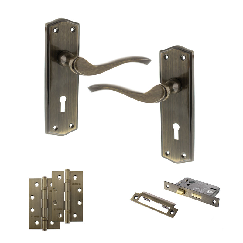 Old English Warwick Door Handle Pack (3 Lever Lock Set - 2.5" CE Sashlock, 4" Slim Knuckle Hinges x2) - Antique Brass