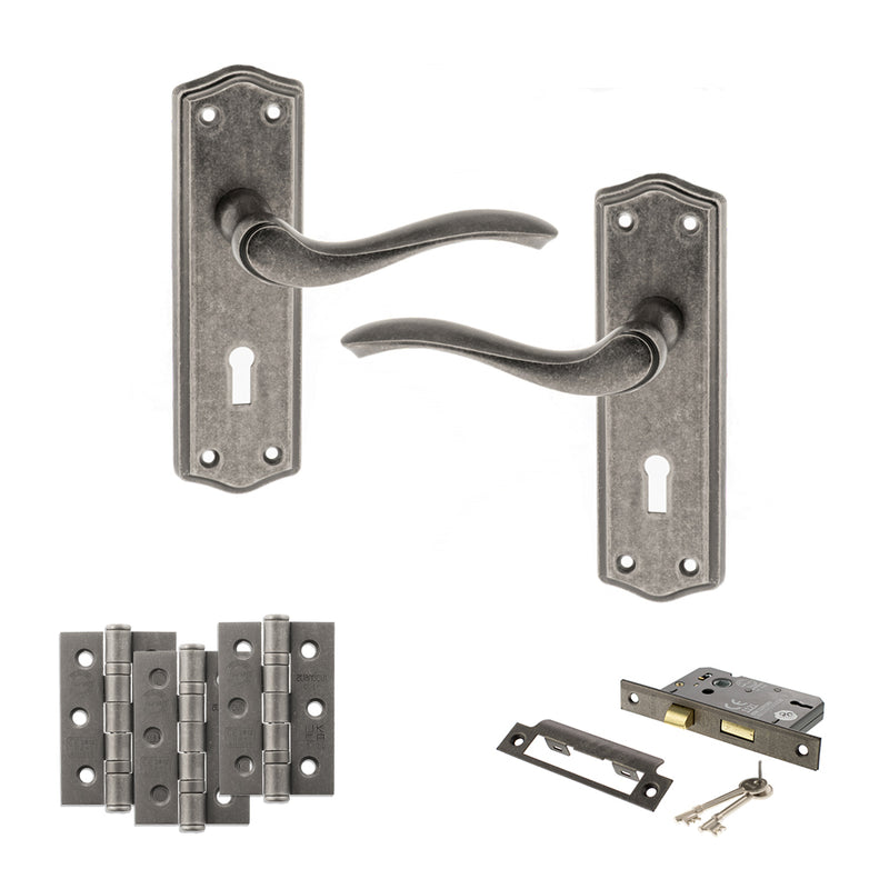 Old English Warwick Door Handle Pack (3 Lever Lock Set - 3" CE Sashlock, 3" Fire Rated Hinges x3) - Distressed Silver