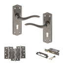 Old English Warwick Door Handle Pack (3 Lever Lock Set - 3" CE Sashlock, 4" Fire Rated Hinges x3) - Distressed Silver